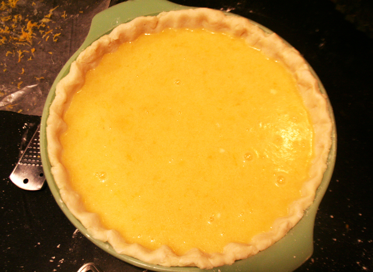 The custard poured into the pie shell
