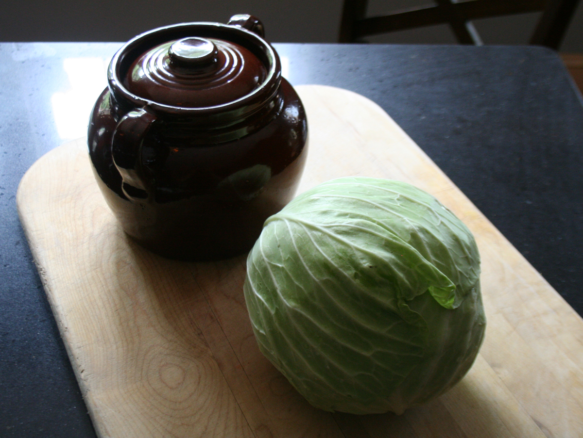 A Fresh Head of Cabbage and my Mom's old Bean Pot