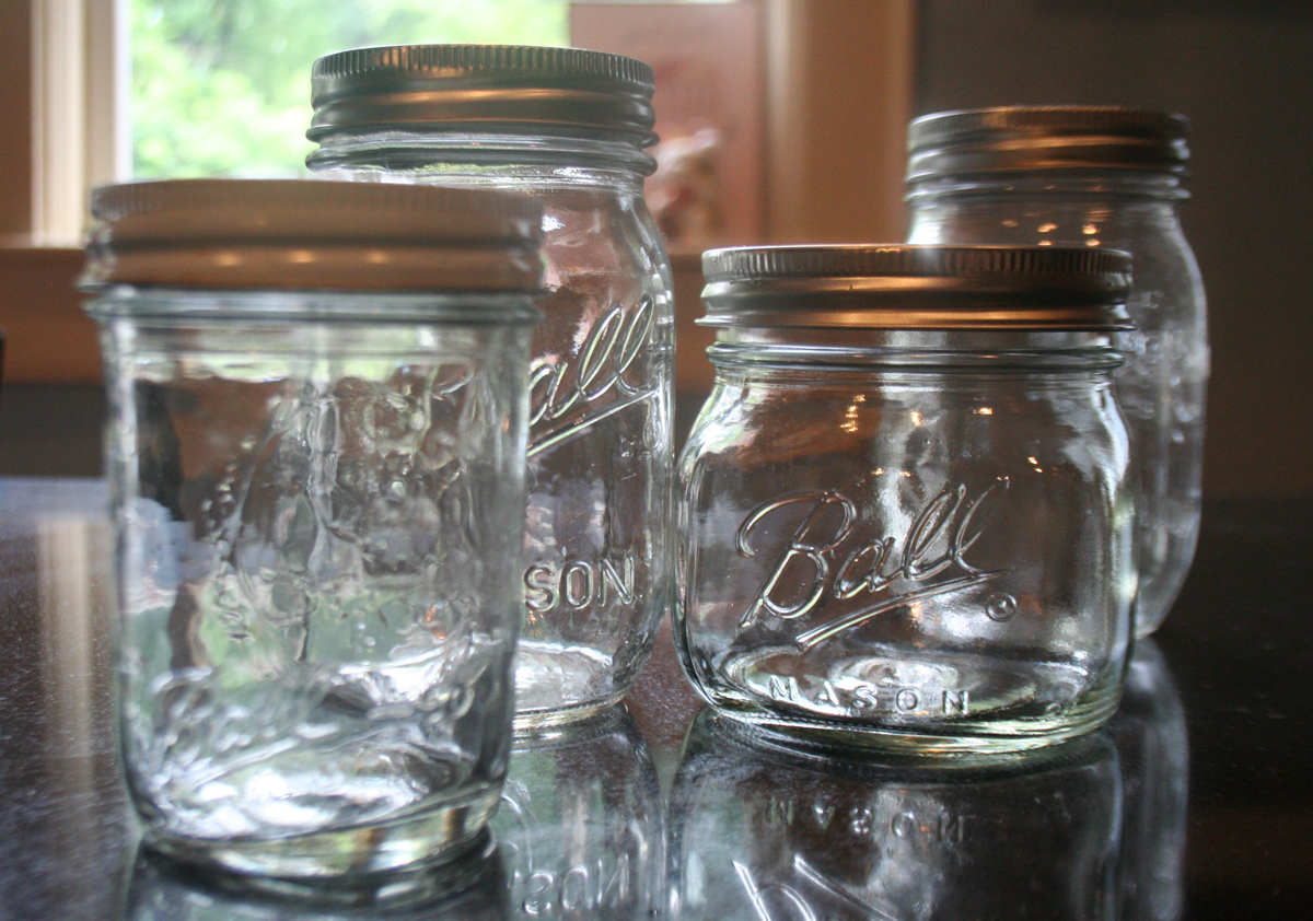 Ball canning jars in various shapes and sizes