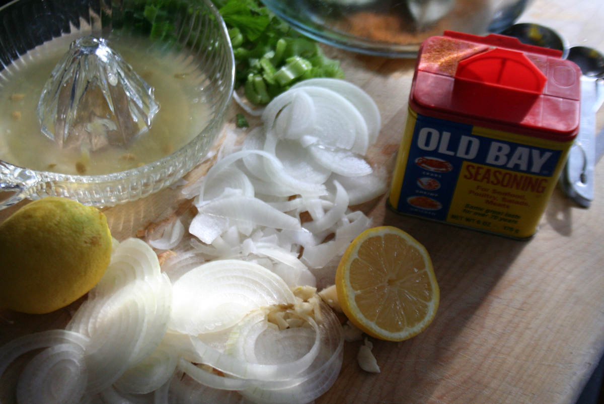 Slicing the onions, lemons, garlic