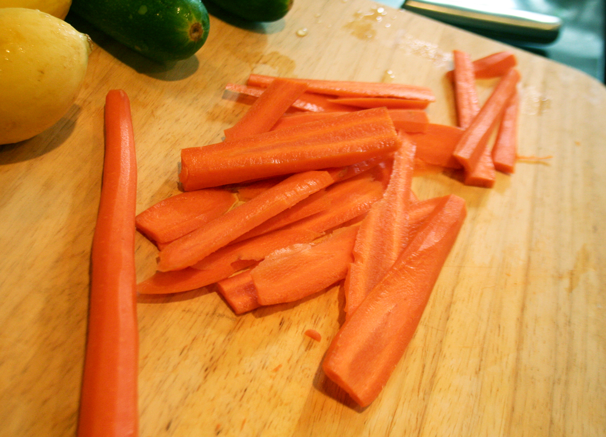 Carrots sliced thin and lengthwise