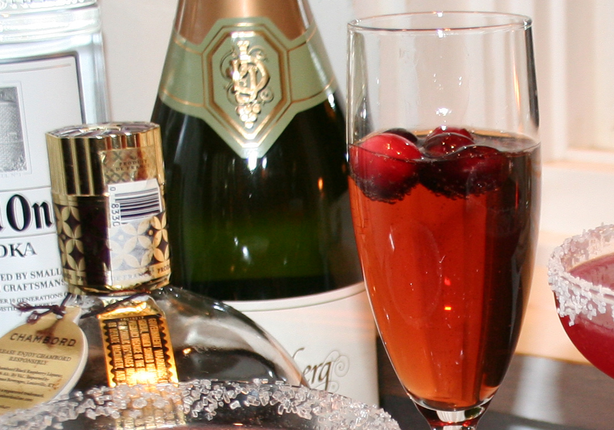 Chambord Champagne cocktail with cranberries