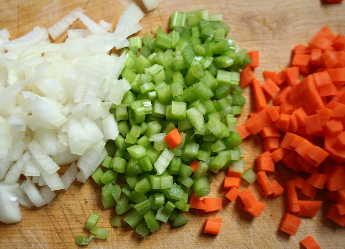 Mirepoix, uniformly diced onion, celery and carrot