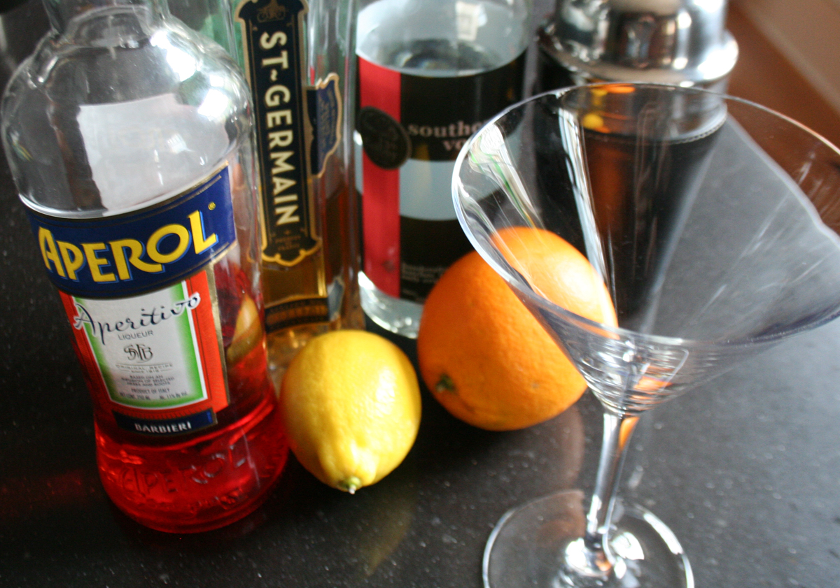 Mr. 404 Cocktail ingredients - Aperol, St. Germain, Vodka and fresh lemon juice.