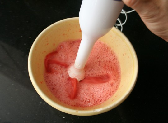 Juicing the watermelon with an immersion blender