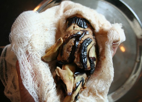 Squeezed Eggplant in cheesecloth