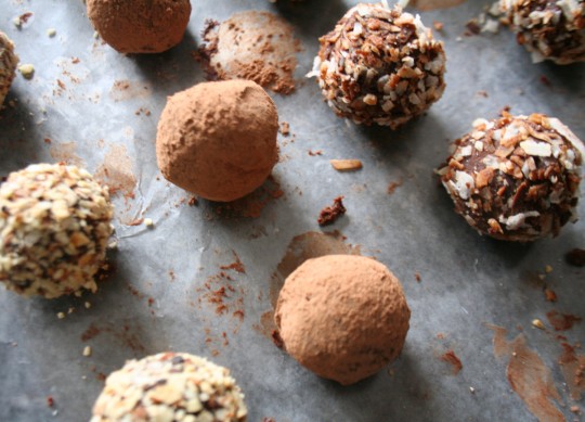 Chocolate truffles, rolled in cocoa, toasted almonds and toasted coconut