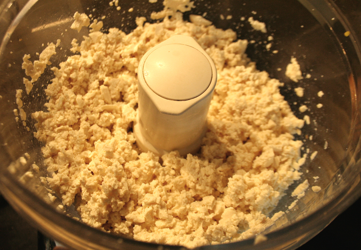 Tofu processed into large curds for tofu crab cakes