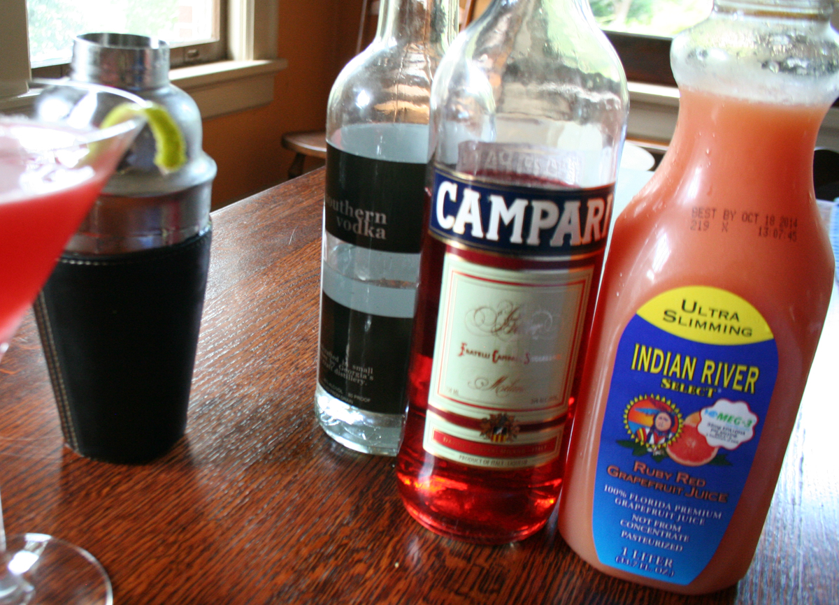 Ruby Red Martini ingredients - Campari, vodka and Ruby Red Grapefruit juice