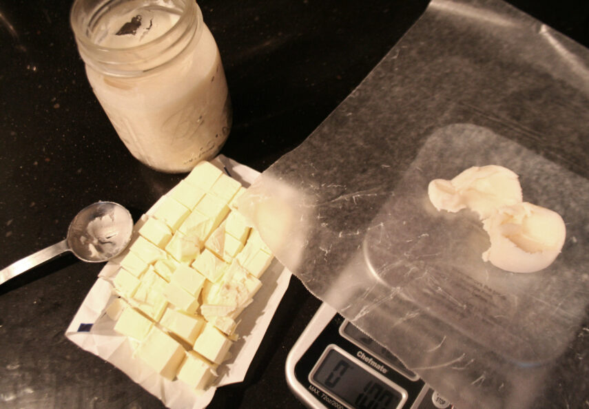 Butter and lard measured for pie crust dough